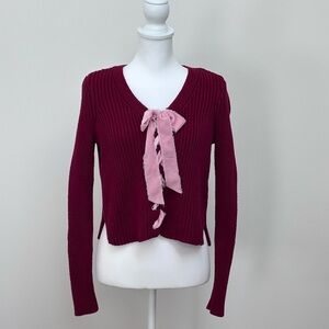 100% Cotton Cropped Burgundy Sweater with Pink Velvet Bow
